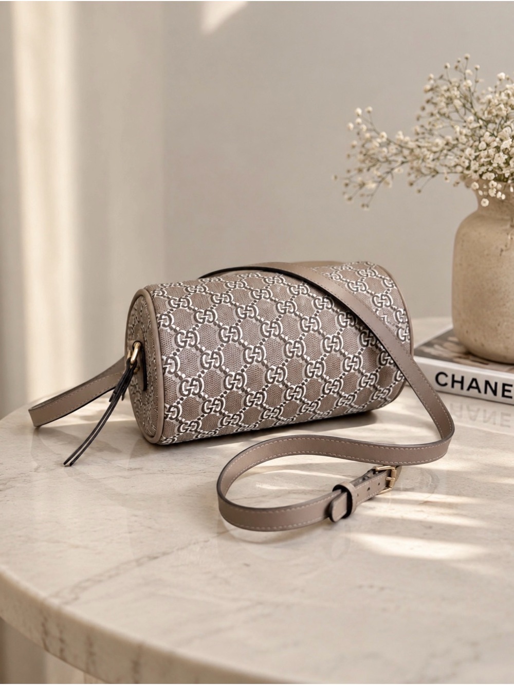 Gucci Taupe GG Canvas Cylinder Crossbody Bag